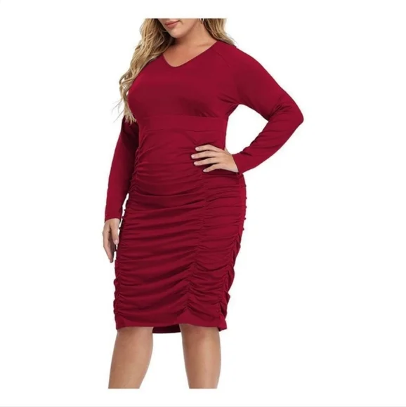 Dresses | Beigai V Neck Ruched Long Sleeve Midi Bodycon Dress 3xl | Poshmark